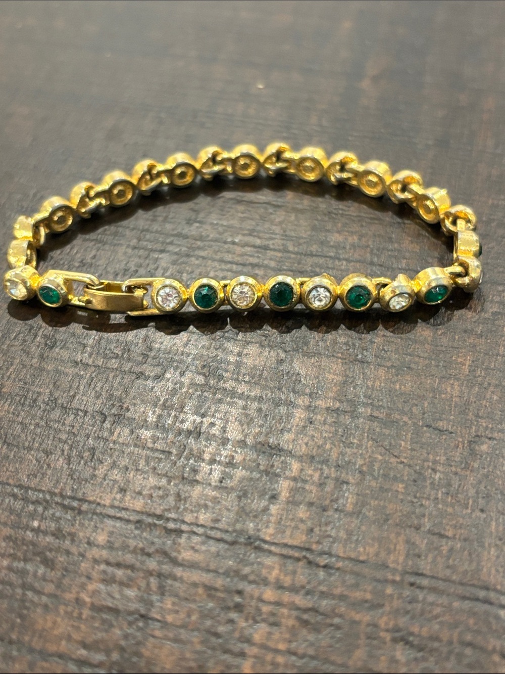 Vintage Gold Tone Emerald & Clear Rhinestone Tennis Bracelet